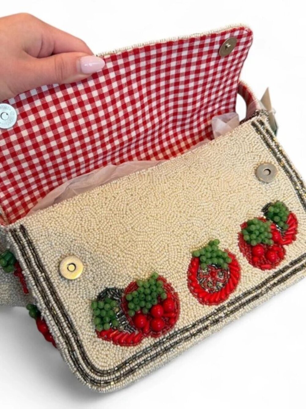 Viral beaded tomato flower red green bag purse Handcrafted in India - Picture 3 of 5